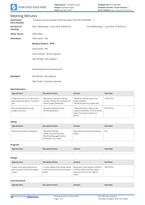 Construction Meeting Minutes Template: Instead of excel/word