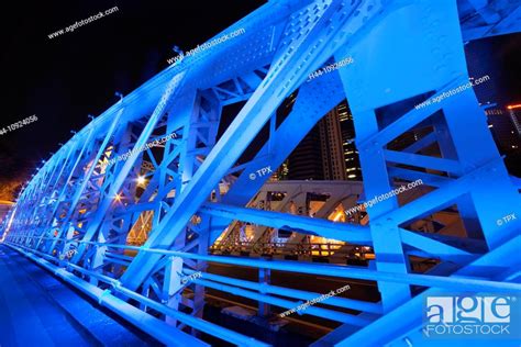 Asia, Singapore, Fullerton Bridge, Bridge, Bridges, Steel, Iron, Night View, Night Lights, Stock ...