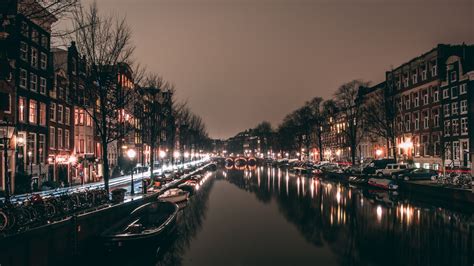 night city, canal, city lights, amsterdam, netherlands, 4k HD Wallpaper