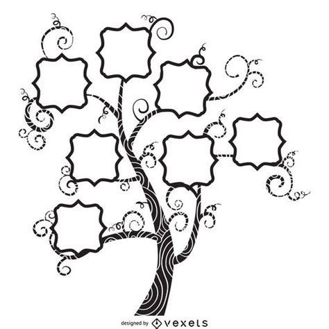 Family tree illustration in black over white. Design features frames along swirls hanging from ...