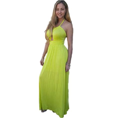 JRRY Summer Casual Long Yellow Dresses Backless Women Halter Maxi Dress ...