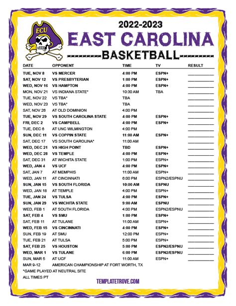 Printable 2022-2023 East Carolina Pirates Basketball Schedule