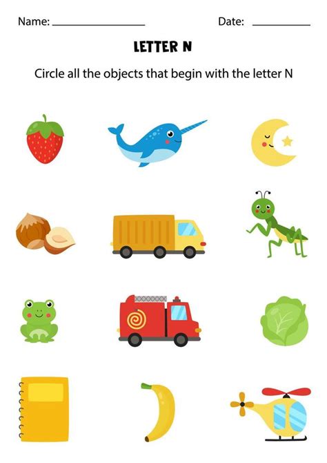 Letter recognition for kids. Circle all objects that start with N. 4863018 Vector Art at Vecteezy