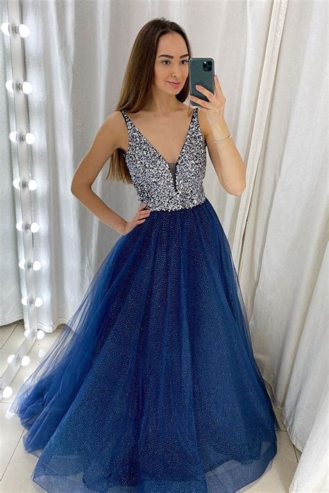 Glitter V Neck Navy Blue Long Prom Dress with Sequins | Prom dresses, Long prom dress, Dresses