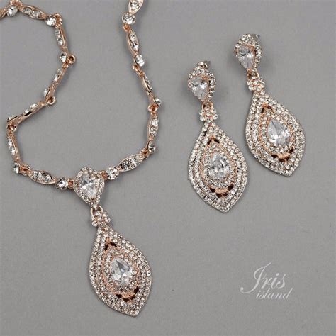 Rose Gold Plated Crystal CZ Necklace Pendant Earrings Wedding Jewelry ...