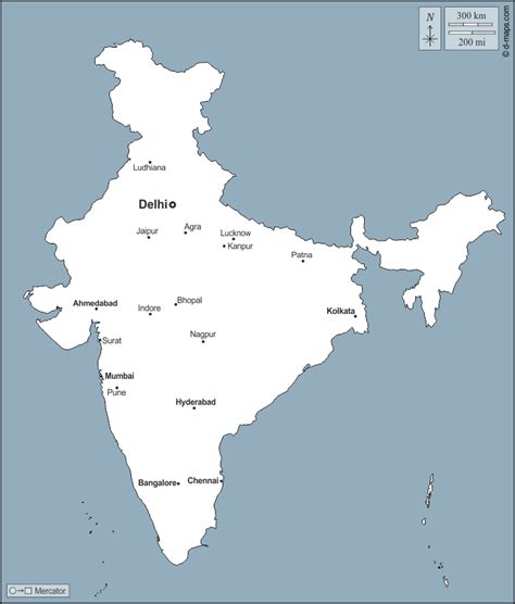 India free map, free blank map, free outline map, free base map outline, main cities, names