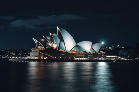 Premium Photo | The sydney opera house at night with the lights on.