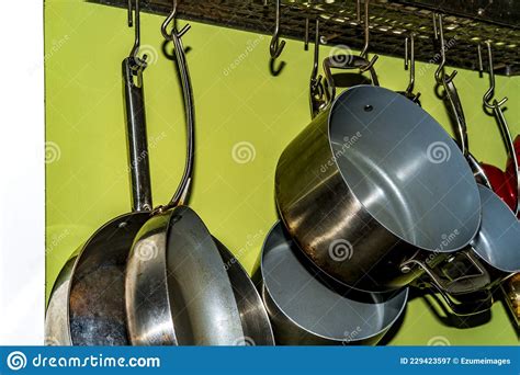 Decorative Hanging Pots Pans Stock Image - Image of rack, modern: 229423597