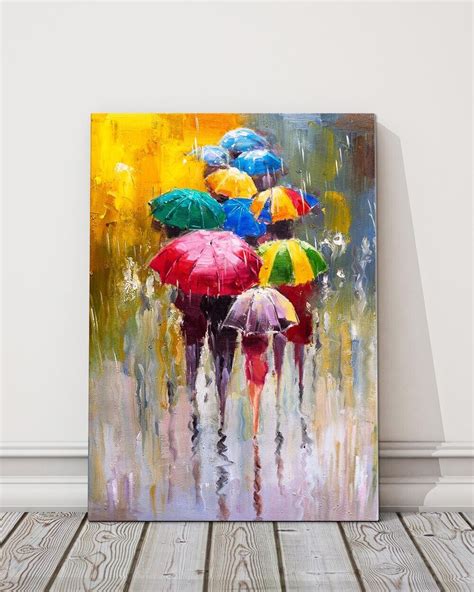 rainy day oil painting abstract art umberellas colourful canvas picture ...