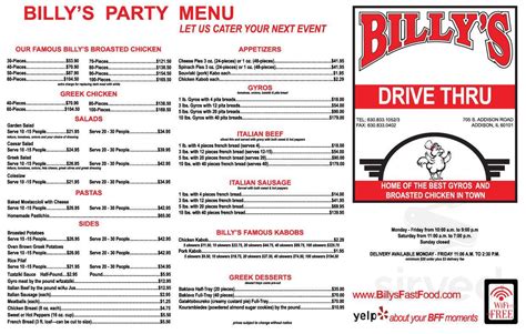 Menu for Billy's in Addison, IL | Sirved