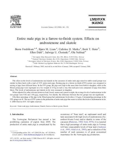 (PDF) Entire male pigs in a farrow-to-finish system. Effects on androstenone and skatole | Bjørn ...