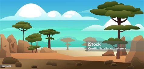 Sand Stone And Trees African Acacia Trees Green Foliage Cartoon Fun Style Flat Design Vector ...