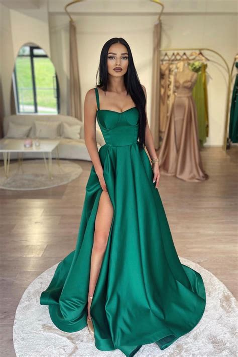 Dark Green Satin Long Prom Dress, Beautiful A-Line Evening Dress Party