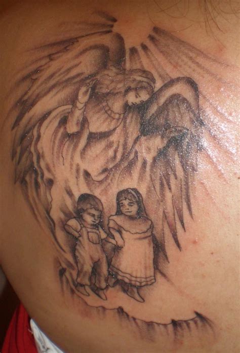 Awesome Grey Ink Guardian Angel Tattoo On Back