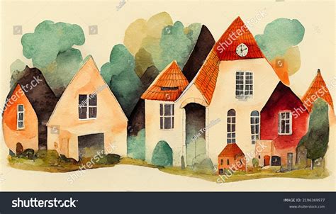 Watercolor Painting Village Old Houses Trees Stock Illustration ...