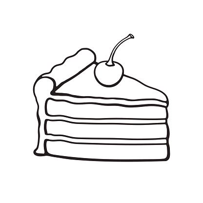 Doodle Of A Piece Of Cake With Cream And Cherry Stock Illustration - Download Image Now - iStock