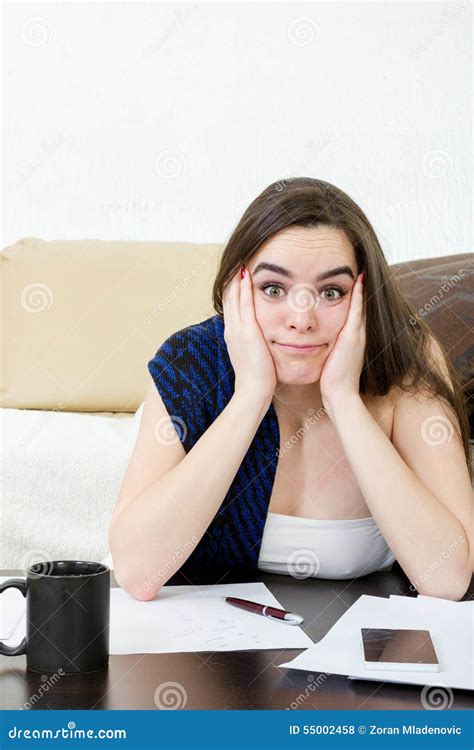 Stressed Caucasian Woman Student Learning from Notes. Stock Photo - Image of adult, book: 55002458