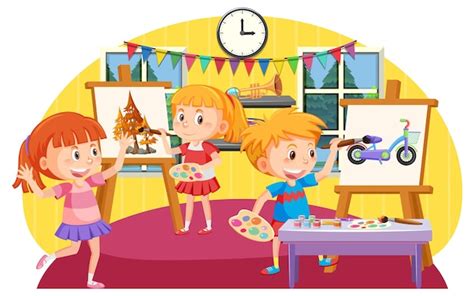 Premium Vector | Happy children in an art class painting