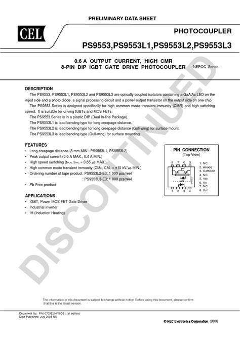 PS9553L1 Datasheet - IGBT GATE DRIVE PHOTOCOUPLER