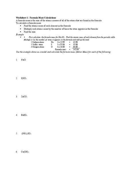 Example: Worksheet 1: Formula Mass Calculations | PDF