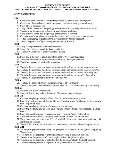 LIST OF Experiments Semester IV Botany - DEPARTMENT OF BOTANY ...