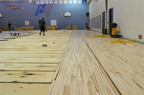 Gym hardwood floor installation. Gym flooring project by Flatout ...