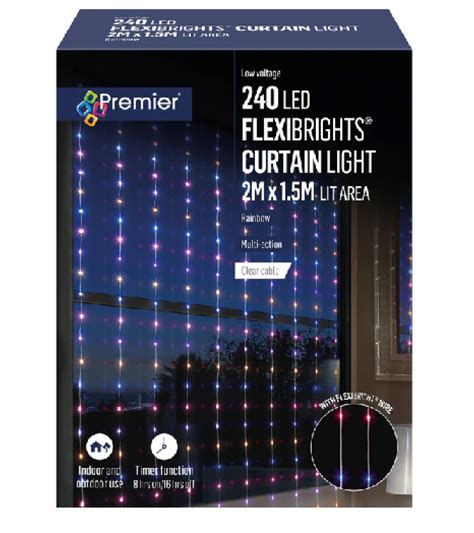 Christmas 240 Curtain Lights (Rainbow) 2m x 1.5m Clear Cable - Tony Almond