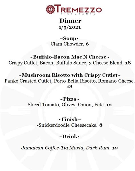 Menu at Tremezzo Ristorante restaurant, Wilmington