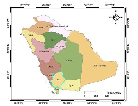 , Administrative boundaries of KSA regions with location of the study... | Download Scientific ...