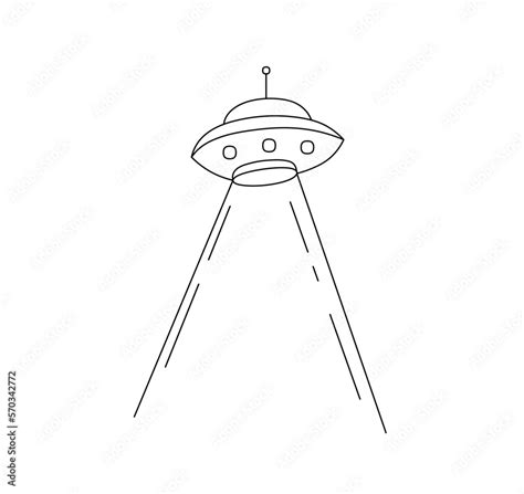 Vector isolated ufo flying saucer with light rays colorless black and white contour line easy ...