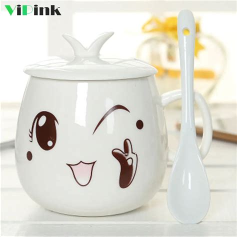 320ml Creative Cute Expression Ceramic Mugs Coffee Mug With Lid Spoon ...