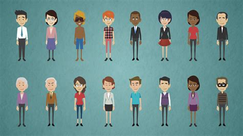 an animated group of people standing in front of each other with ...
