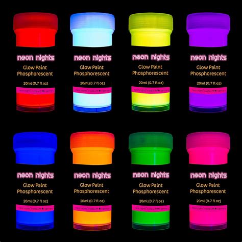 Premium Glow in The Dark Paint Set by neon nights Set of 8 Professional Grade Neon Paints ...