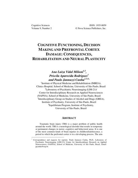 (PDF) COGNITIVE FUNCTIONING, DECISION MAKING AND PREFRONTAL CORTEX ...