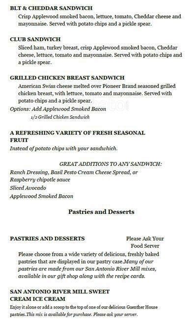 Menu at The Guenther House restaurant, San Antonio