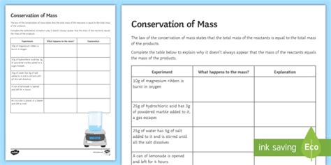 Conservation of Mass KS3 Worksheet - Science Resource - Twinkl