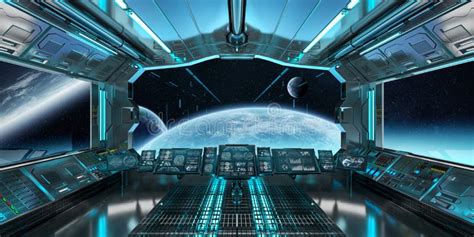 Spaceship Interior with View on Distant Planets System 3D Render Stock Illustration ...