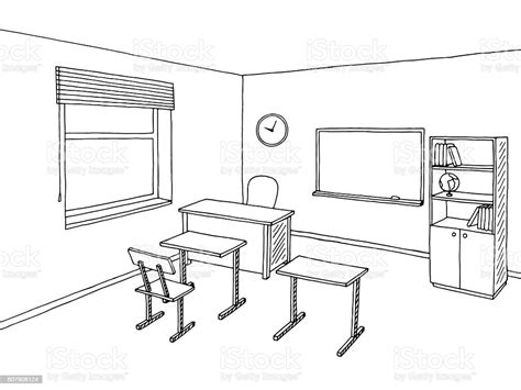 School Classroom Black White Graphic Art Interior Sketch Illustration ...