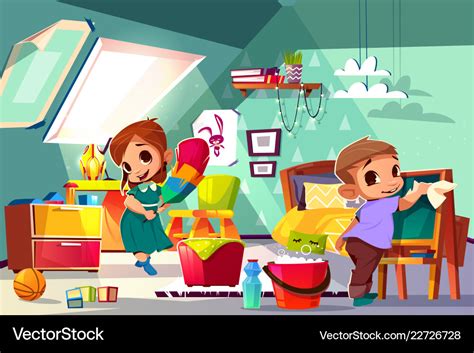 Kids cleaning in their room cartoon Royalty Free Vector