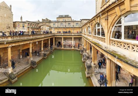 View from gallery of the baths at the Roman Baths museum, a major ...