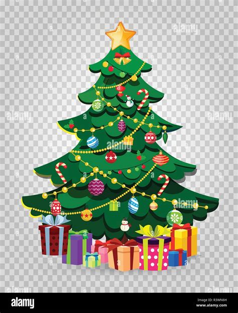 Cute cartoon decorated Christmas fir tree with many gifts and present ...