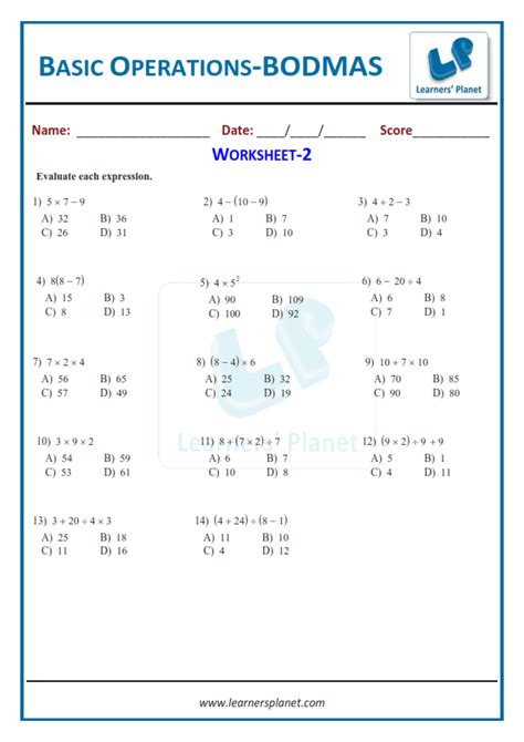 Bodmas rule worksheets grade 6 maths