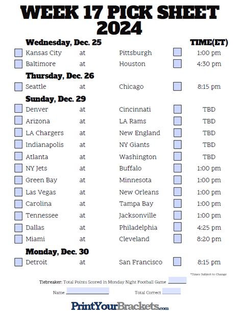 Fillable Week 17 NFL Pick'em Sheet - 2024