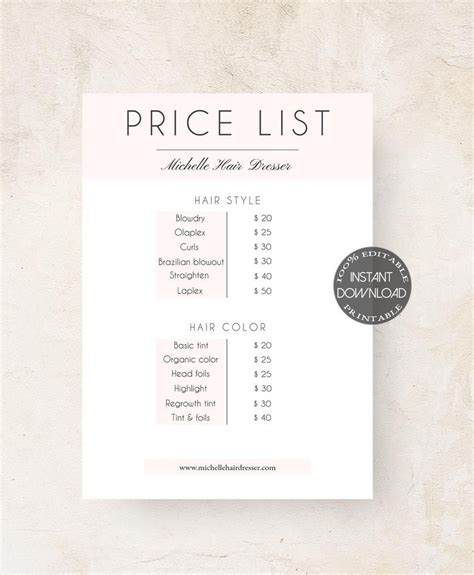 Price List Template, Diy Hair Price List Template, Small Business Price Guide, Price Sheet ...