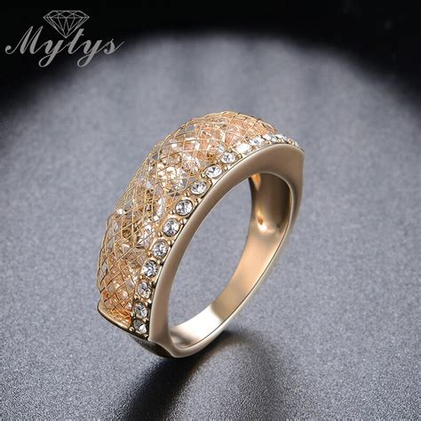 Mytys Mesh Crystal Bulky Jewelry Fashion Rose Gold Ring for Women