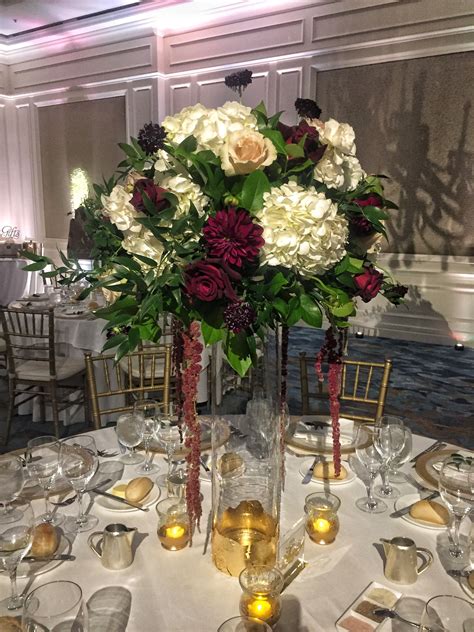 Tall Centerpiece - White Hydrangeas, Burgundy Dahlias, Burgundy Roses, Hangin… | Hydrangea ...