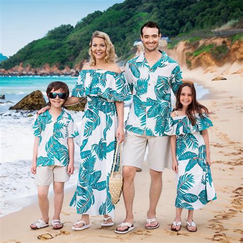 Family Matching Outfits - White Dresses with Green Leaves and Matching ...