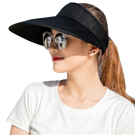 Sun Visor Hats Women Large Brim Summer UV Protection Beach Cap Black ...