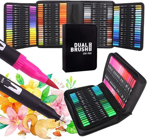 Buy 120 Colouring Pens Dual Tip Brush Marker Pens Fine and Brush Felt Tip Pens with a Black Case ...