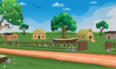Village cartoon background illustration background with sun, four houses trees, and narrow road ...